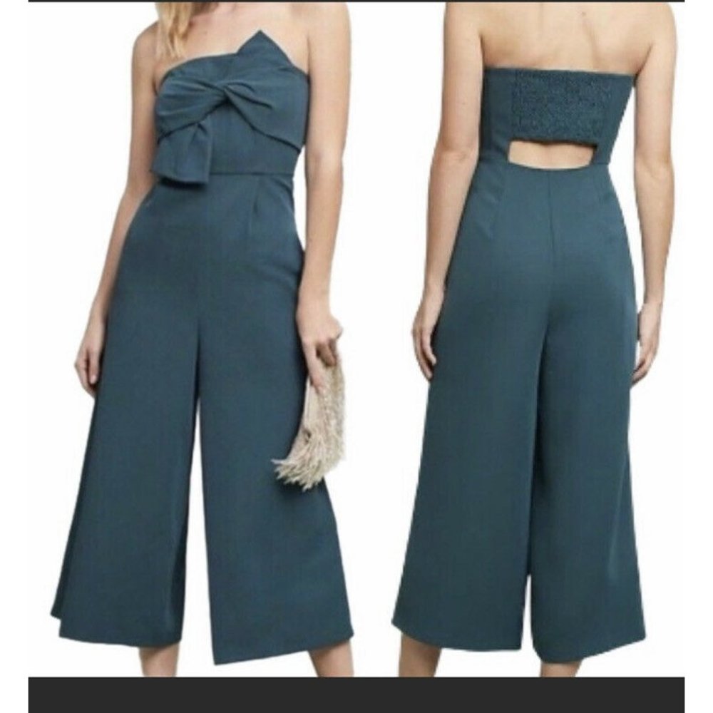 Anthropologie Hailee C Strapless Wide Leg Jumpsuit Bow Cropped Green Women’s 2